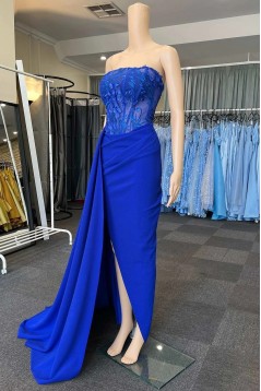 Long Royal Blue Strapless Prom Dresses 801034