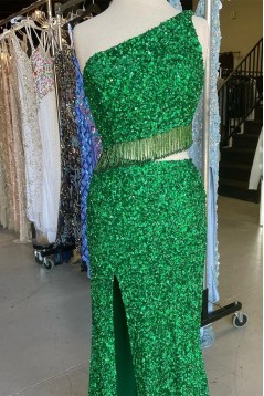 Long Green Two Pieces Sequins Prom Dresses 801039