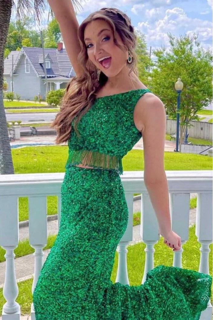 Long Green Two Pieces Sequins Prom Dresses 801039