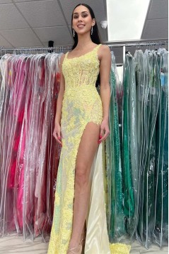 Long Yellow Sequins Prom Dresses with Lace Appliques 801045