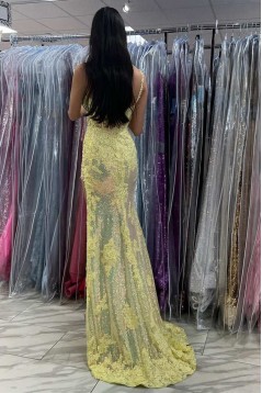 Long Yellow Sequins Prom Dresses with Lace Appliques 801045