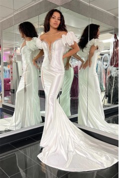 Long White Mermaid Off the Shoulder Beaded Prom Dresses 801047