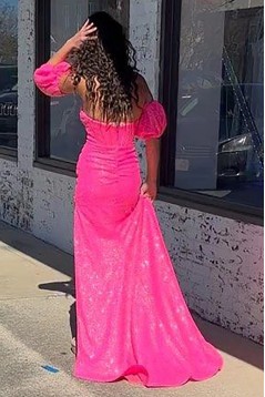 Long Pink Sequins Prom Dresses with Slit 801055