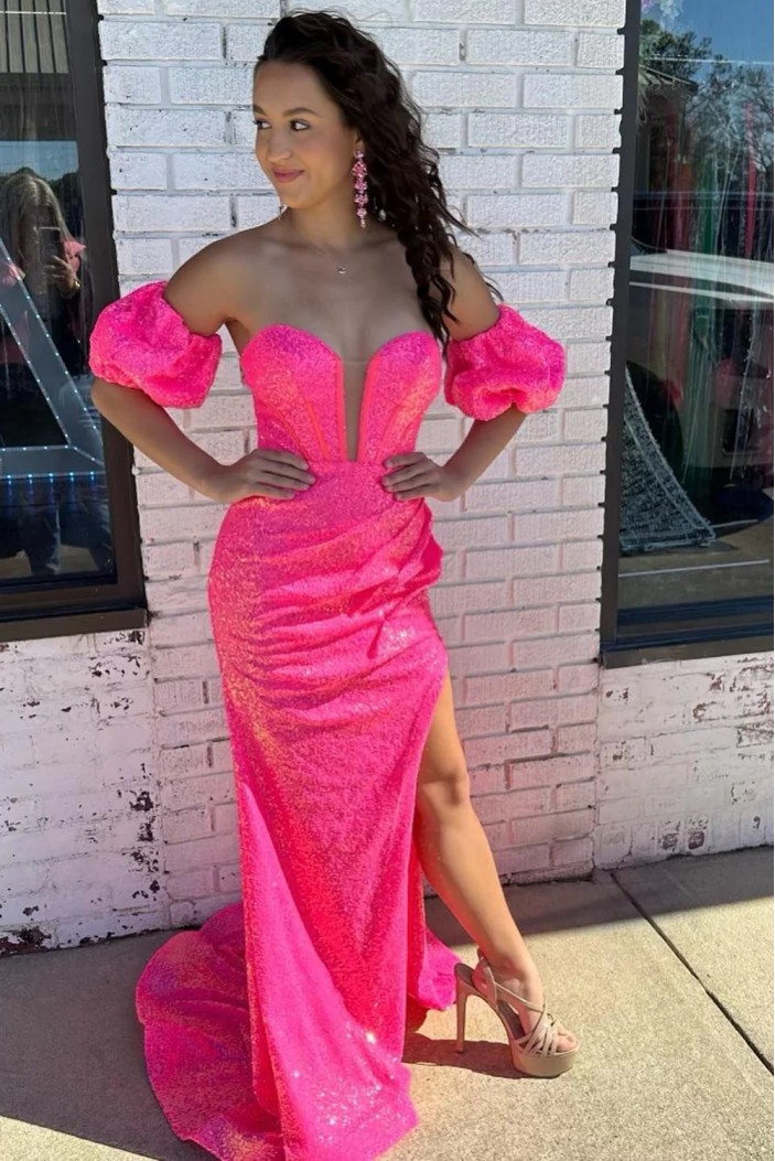 Long Pink Sequins Prom Dresses with Slit 801055