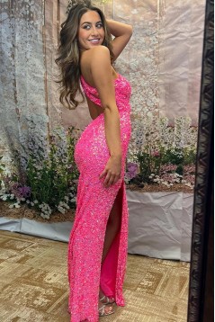 Long Pink Sequins One Shoulder Prom Dresses with Slit 801056