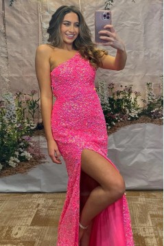 Long Pink Sequins One Shoulder Prom Dresses with Slit 801056