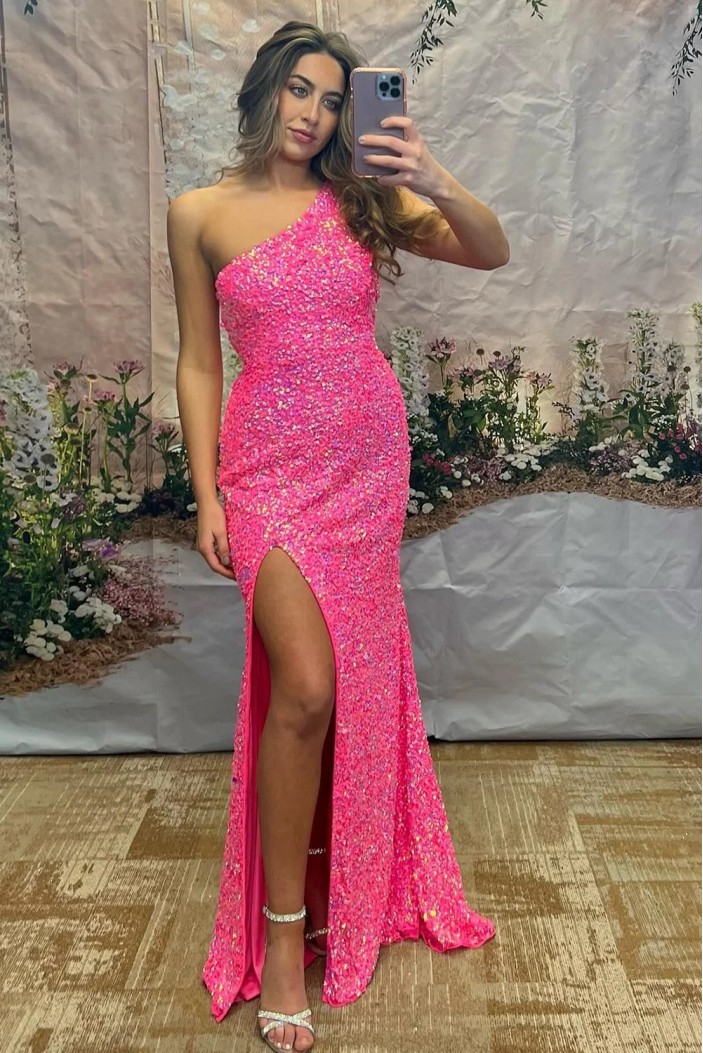 Long Pink Sequins One Shoulder Prom Dresses with Slit 801056