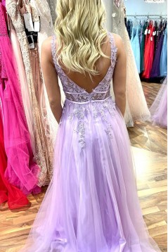 Long Pink Lace and Tulle Prom Dresses 801058