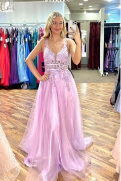 Long Pink Lace and Tulle Prom Dresses 801058