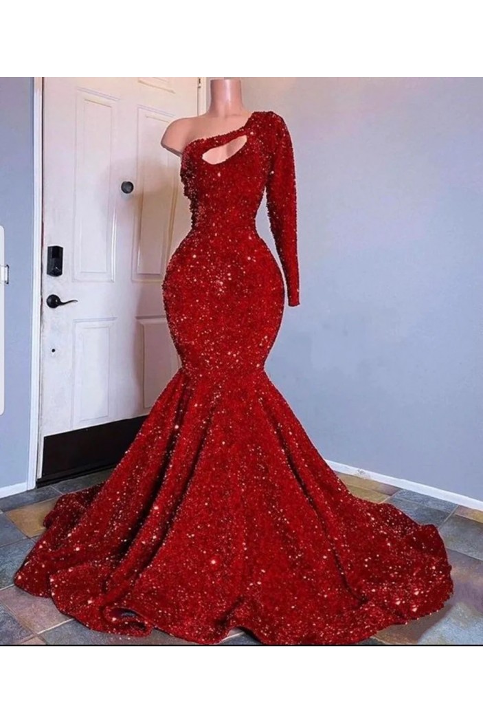 Long Red Sequins Mermaid One Shoulder Prom Dresses 801060