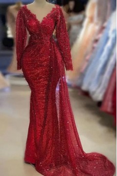 Long Red Mermaid Sequins Prom Dresses with Sleeves 801063