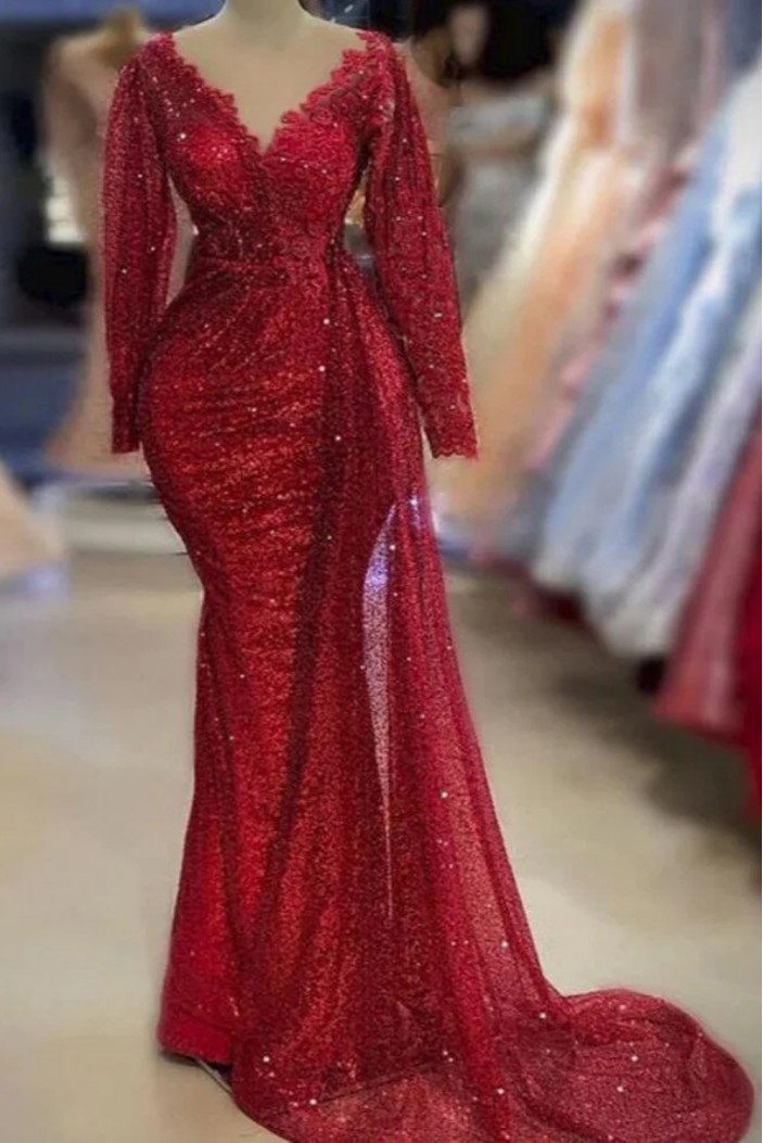 Long Red Mermaid Sequins Prom Dresses with Sleeves 801063