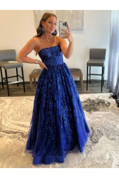 A-Line Royal Blue Sparkle Lace Prom Dresses 801066