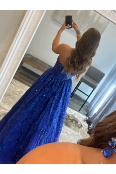 A-Line Royal Blue Sparkle Lace Prom Dresses 801066