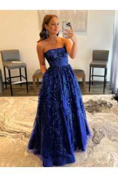 A-Line Royal Blue Sparkle Lace Prom Dresses 801066