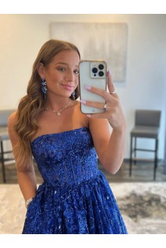 A-Line Royal Blue Sparkle Lace Prom Dresses 801066