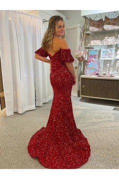 Long Red Sequin Off the Shoulder Prom Dresses 801069