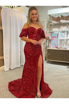 Long Red Sequin Off the Shoulder Prom Dresses 801069