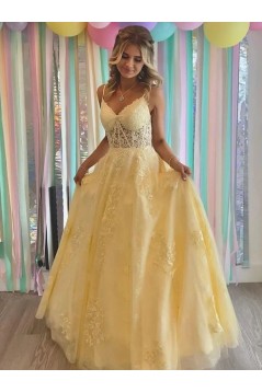 A-Line Long Yellow Lace Prom Dresses 801071