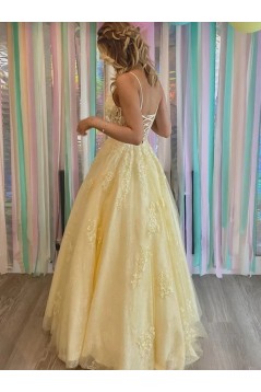 A-Line Long Yellow Lace Prom Dresses 801071