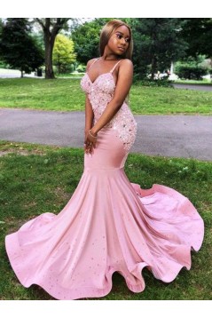 Long Pink Mermaid Lace Prom Dresses 801072