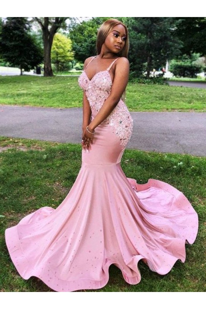 Long Pink Mermaid Lace Prom Dresses 801072