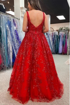 A-Line Long Red Sparkle Lace Prom Dresses 801076