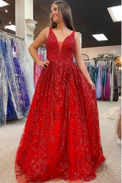 A-Line Long Red Sparkle Lace Prom Dresses 801076