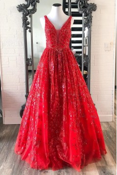 A-Line Long Red Sparkle Lace Prom Dresses 801076