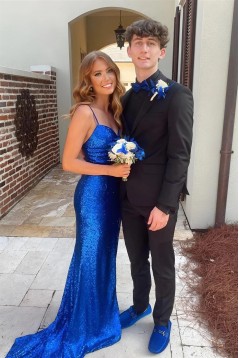 Long Royal Blue Spaghetti Straps Sequin Prom Dresses 801084