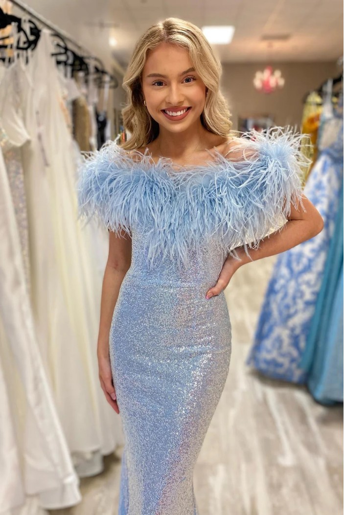 Light Blue Mermaid Off the Shoulder Sequin Prom Dresses 801085