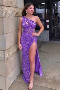 Long Purple One Shoulder Sequin Prom Dresses 801087