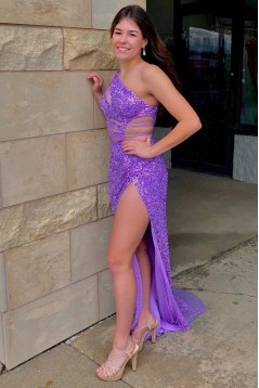 Long Purple One Shoulder Sequin Prom Dresses 801087