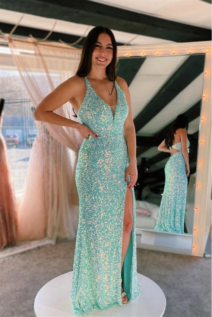 Long Mint Green Sequin Prom Dresses 801088