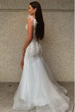 Long White Beaded Lace Prom Dresses 801092