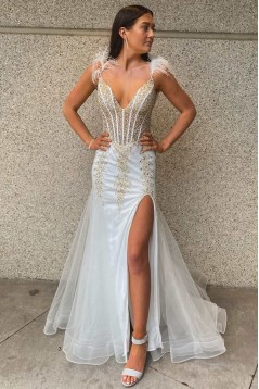 Long White Beaded Lace Prom Dresses 801092