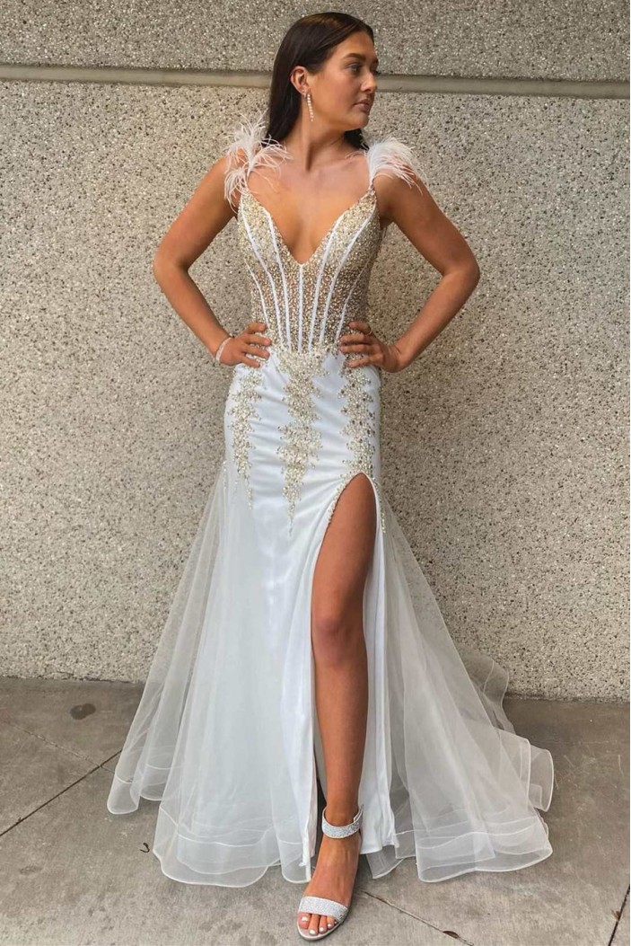 Long White Beaded Lace Prom Dresses 801092