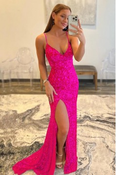 Long Fuchsia Spaghetti Straps Sequins Prom Dresses 801095