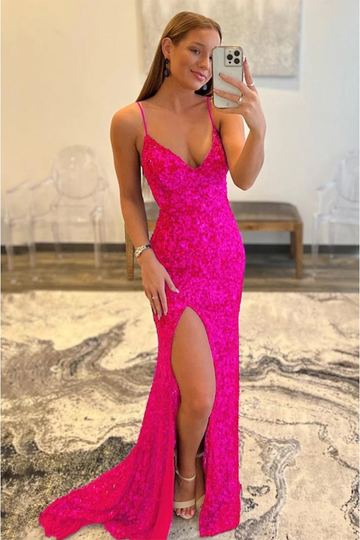 Long Fuchsia Spaghetti Straps Sequins Prom Dresses 801095