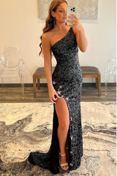 Long Black One Shoulder Sequins Prom Dresses 801096
