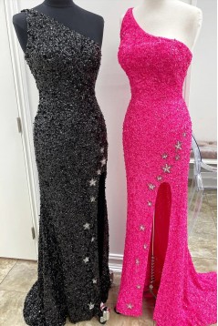 Long Black One Shoulder Sequins Prom Dresses 801096