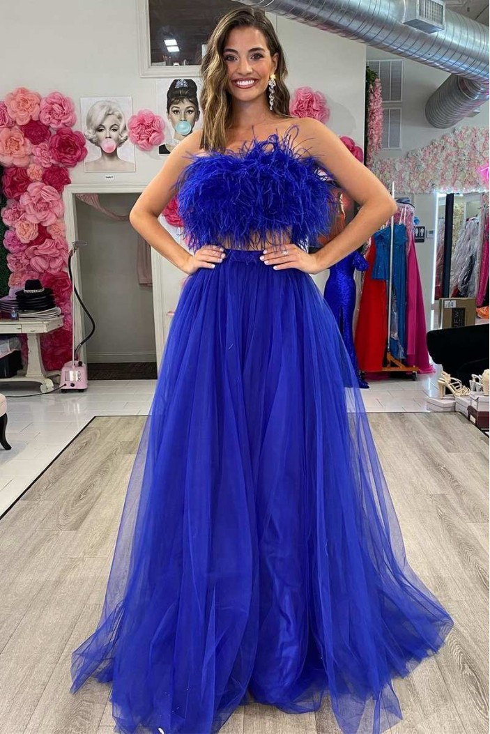 Two Pieces Royal Blue Long Prom Dresses 801097