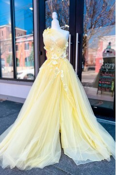 A-Line Lace and Tulle Long Yellow One Shoulder Prom Dresses 801099