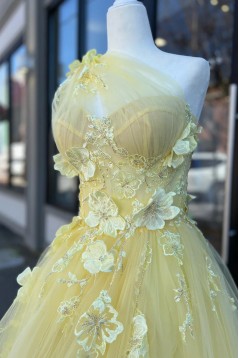 A-Line Lace and Tulle Long Yellow One Shoulder Prom Dresses 801099