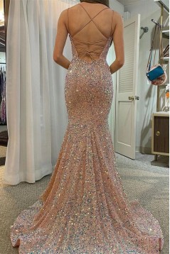 Mermaid Spaghetti Straps Sequins Long Prom Dresses 801102