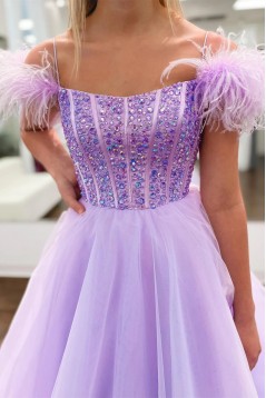 A-Line Beaded Lilac Tulle Prom Dresses 801103
