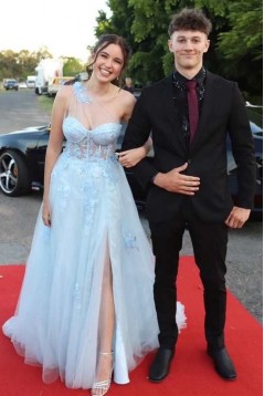 Light Blue One Shoulder Long Prom Dresses 801104