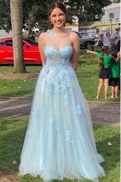 Light Blue One Shoulder Long Prom Dresses 801104