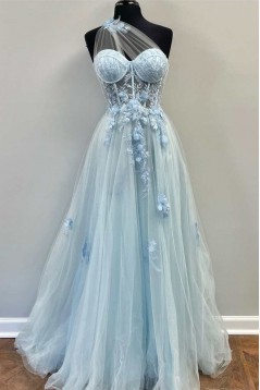 Light Blue One Shoulder Long Prom Dresses 801104