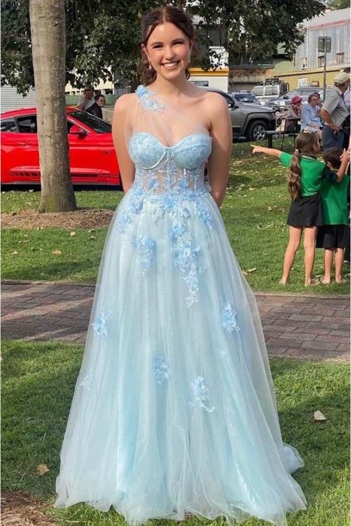 Light Blue One Shoulder Long Prom Dresses 801104